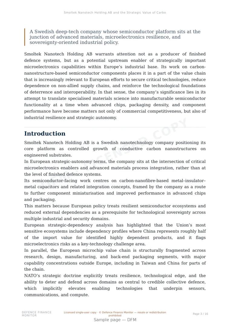 Sample page from “Smoltek Nanotech Holding AB and the Strategic Value of Carbon-Nanostructure Semiconductor Enablers for European Technological Sovereignty” — 17-page report