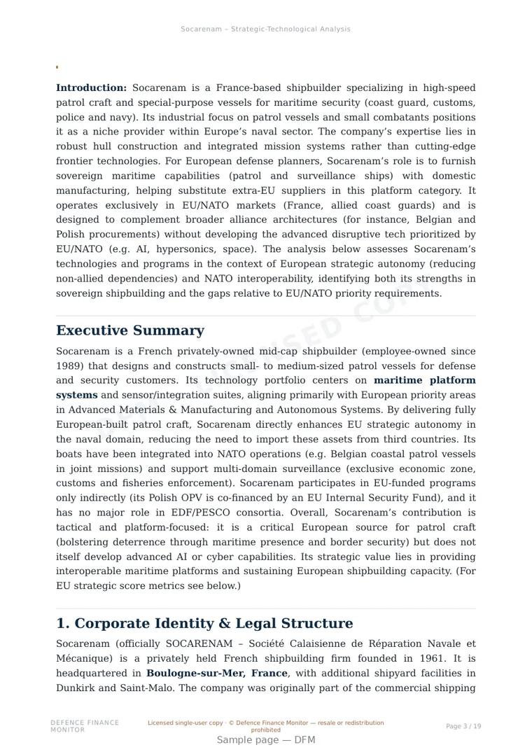 Sample page from “Socarenam — France defence company” — 20-page report
