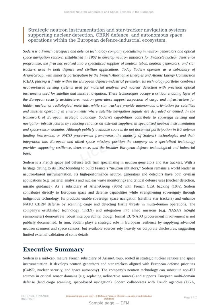 Sample page from “Sodern: Neutron Generators and Space Sensors in the European Security Technology Base” — 11-page report