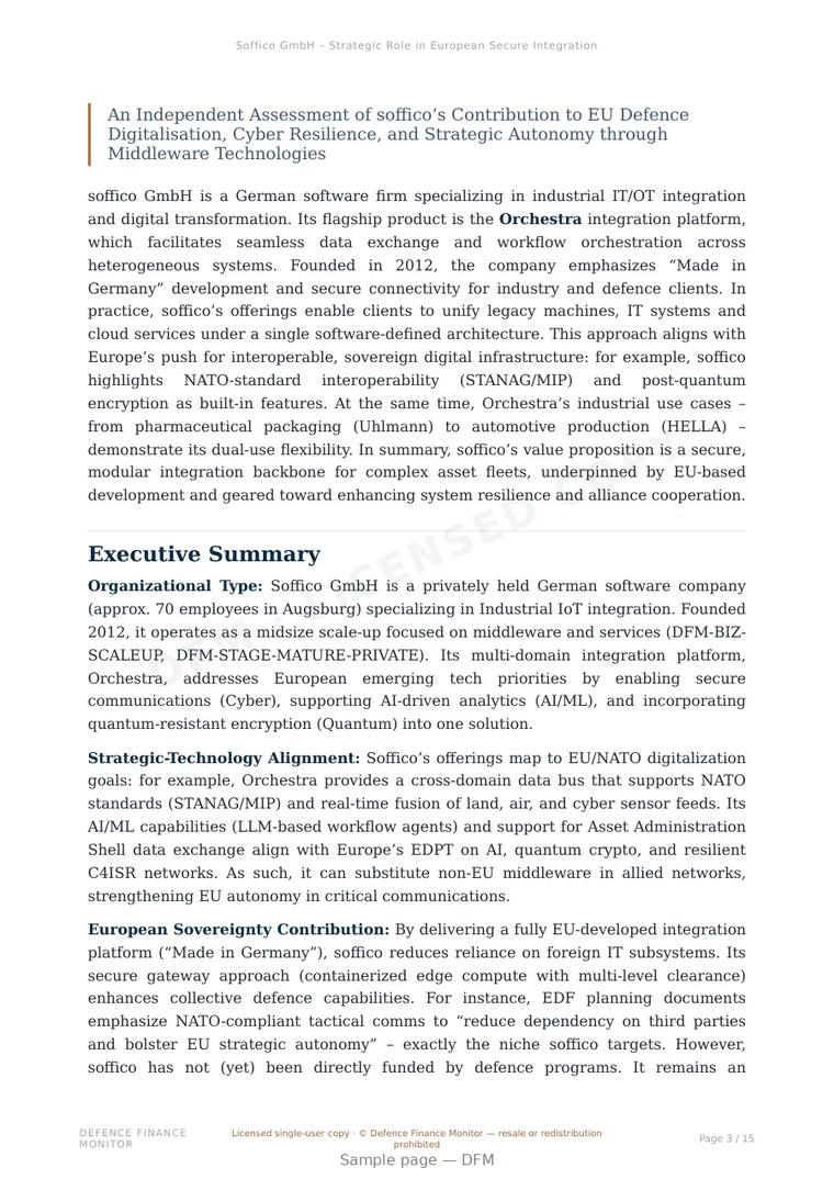 Sample page from “Soffico GmbH – Strategic Role in European Secure Integration Software” — 16-page report