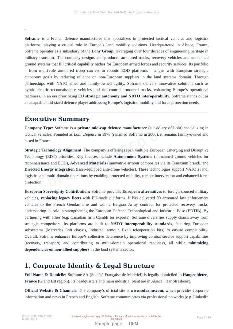 Sample page from “Soframe: Tactical Vehicles and Defense Logistics Analysis” — 30-page report