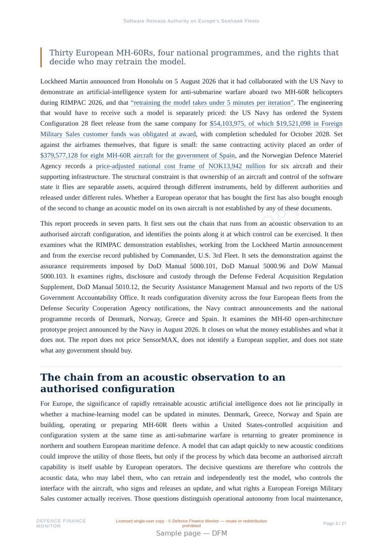 Sample page from “Software Release Authority on Europe's Seahawk Fleets” — 28-page report