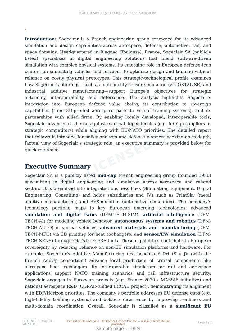 Sample page from “SOGECLAIR: Engineering Advanced Simulation” — 15-page report