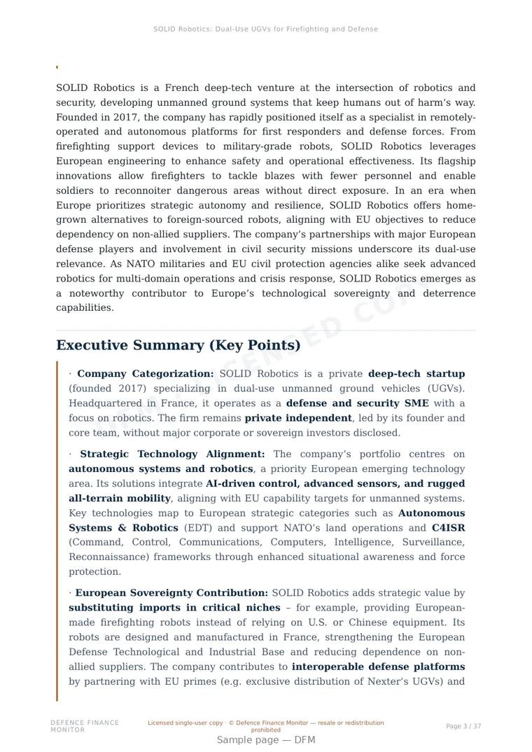 Sample page from “SOLID Robotics: Dual-Use UGVs for Firefighting and Defense” — 38-page report