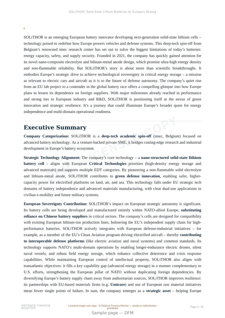 Sample page from “SOLiTHOR: Solid-State Lithium Batteries for Europe’s Strategic Autono” — 39-page report
