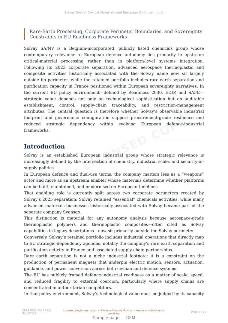 Sample page from “Solvay SA/NV: Critical Materials and European Defence-Industrial Autonomy” — 19-page report