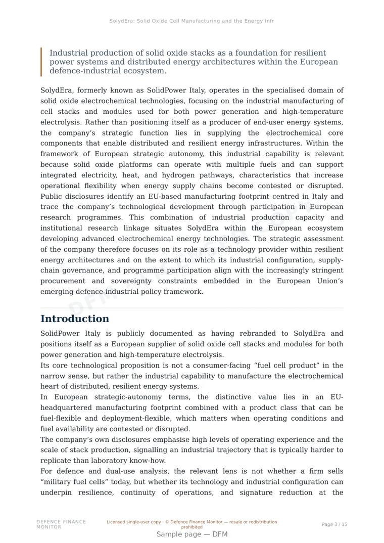 Sample page from “SolydEra: Solid Oxide Cell Manufacturing and the Energy Infrastructure Layer of European Strategic Autonomy” — 16-page report