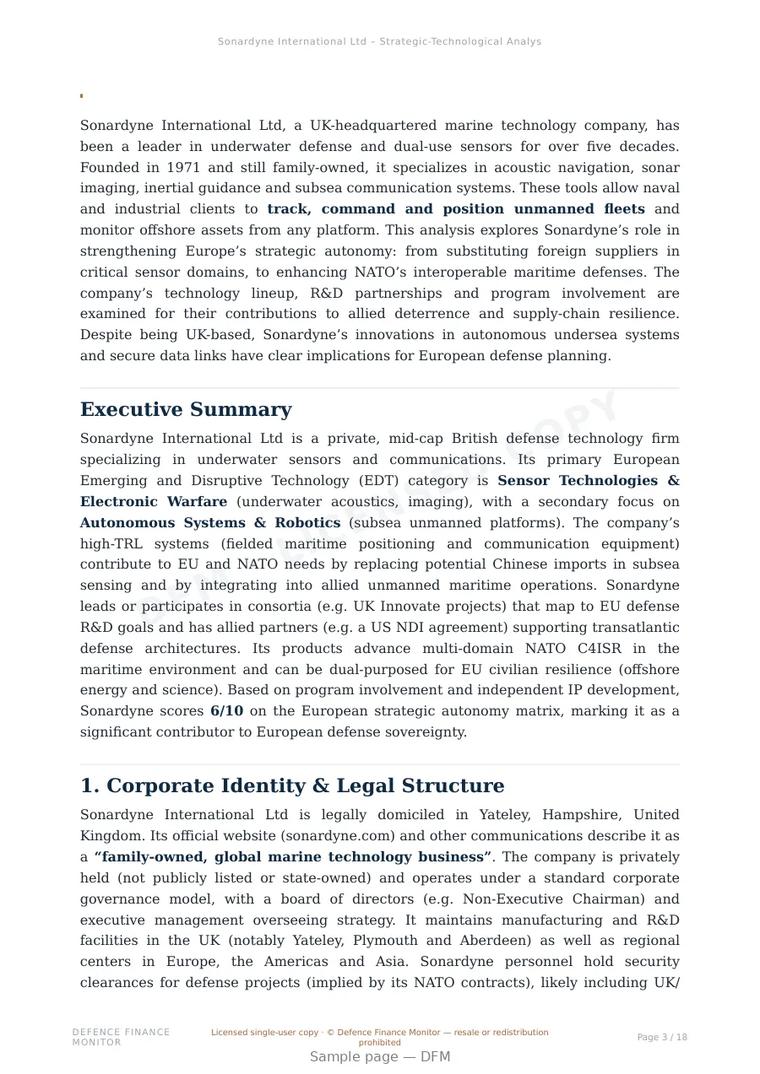 Sample page from “Sonardyne International Ltd — United Kingdom sonar systems company” — 19-page report