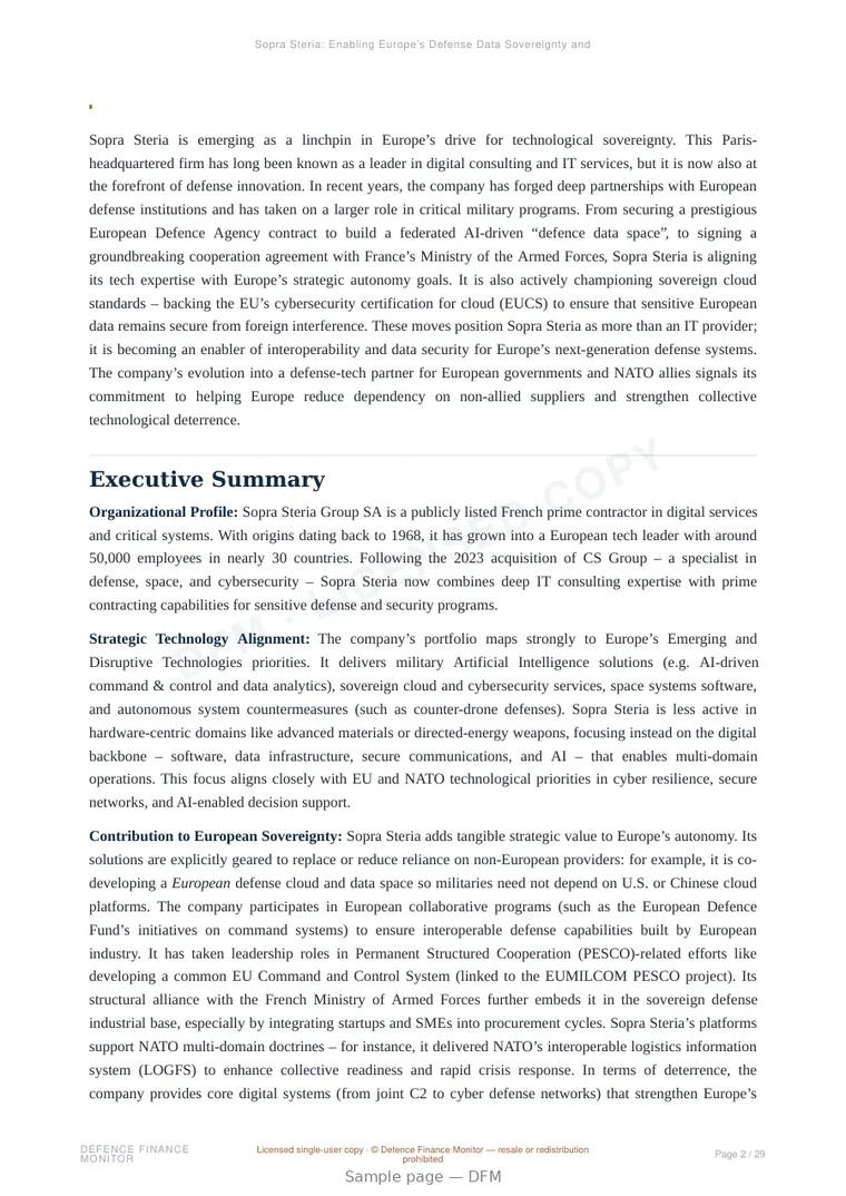Sample page from “Sopra Steria: Enabling Europe’s Defense Data Sovereignty and AI Integration” — 30-page report