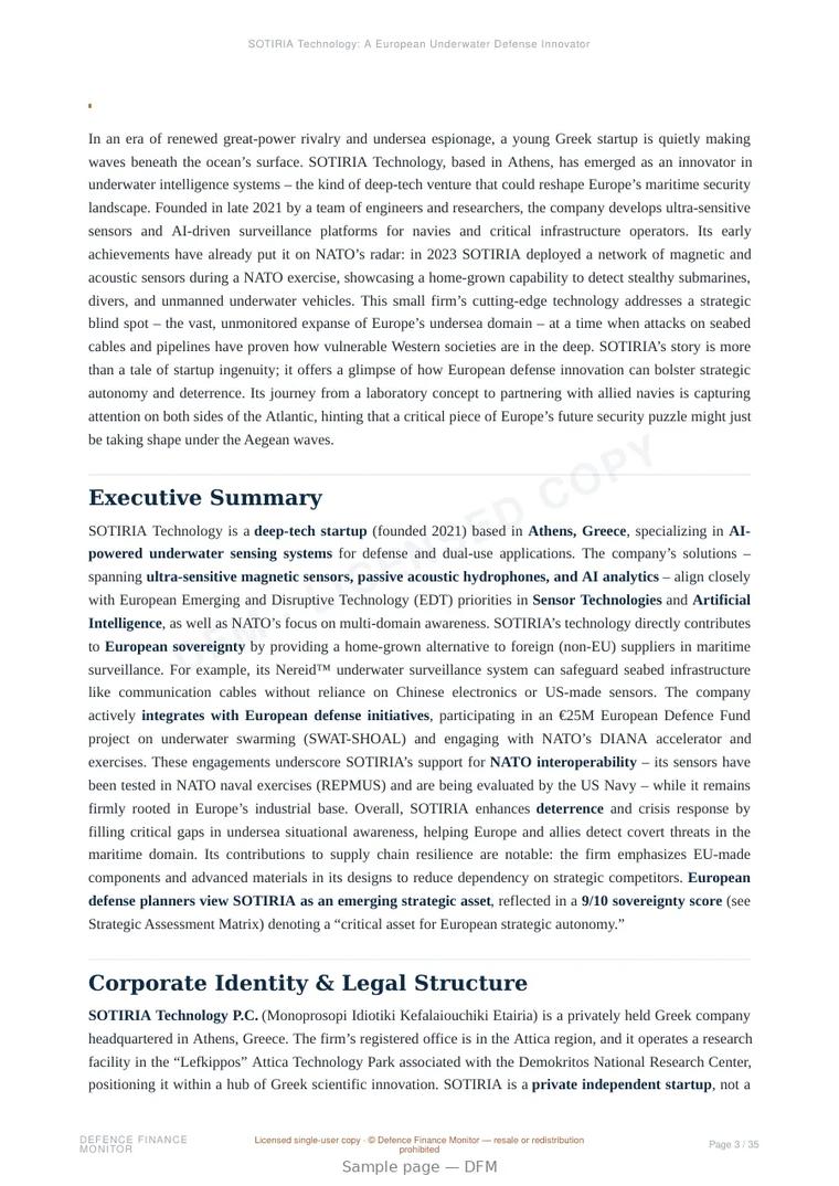 Sample page from “SOTIRIA Technology: A European Underwater Defense Innovator” — 36-page report