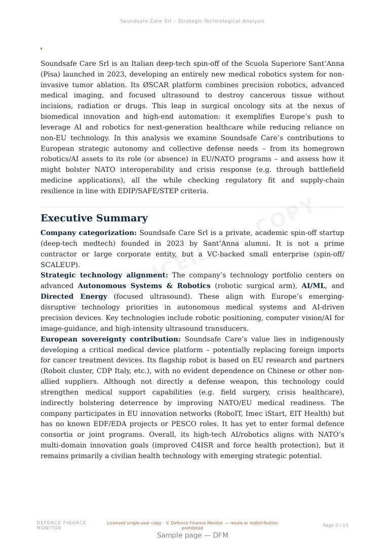 Sample page from “Soundsafe Care Srl — Italy military medical tech company” — 14-page report