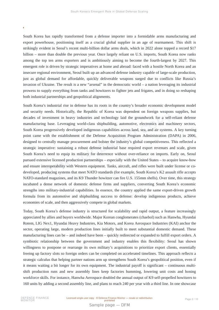 Sample page from “South Korea’s Emergent Role in Global Defense Scaling” — 11-page report