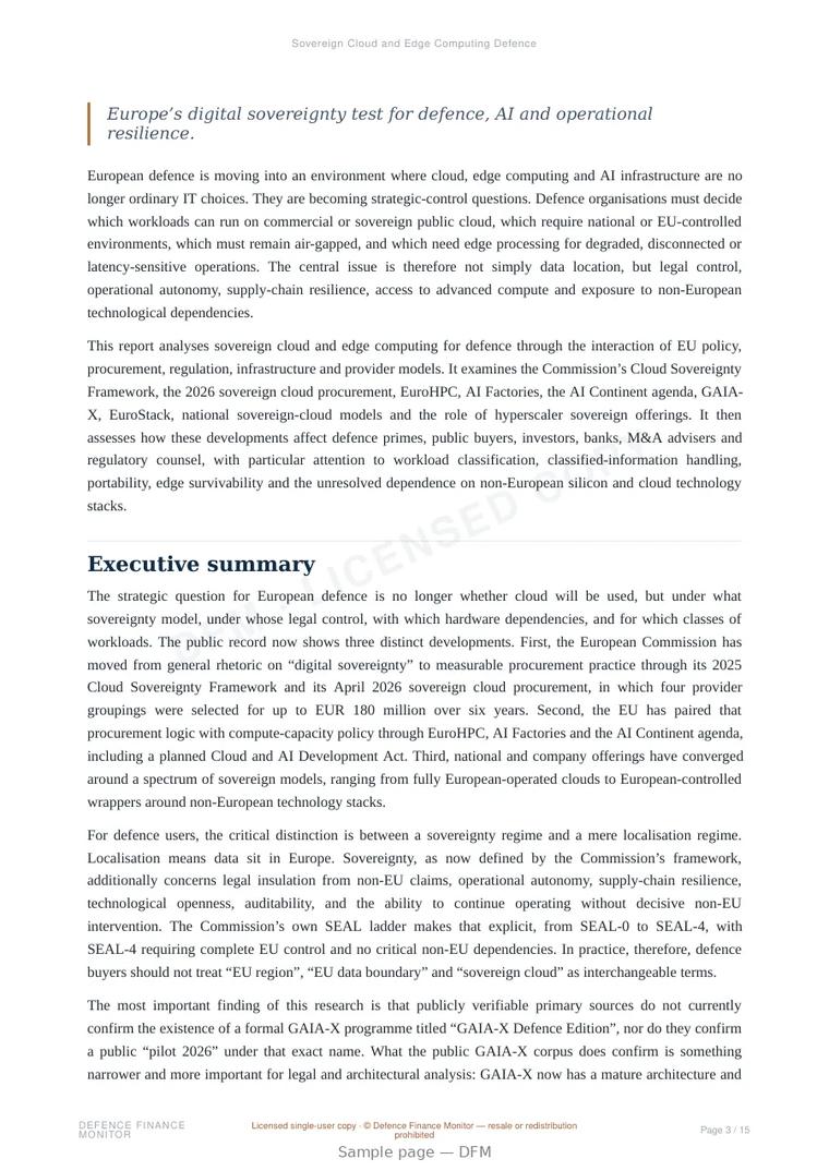 Sample page from “Sovereign Cloud and Edge Computing Defence” — 16-page report