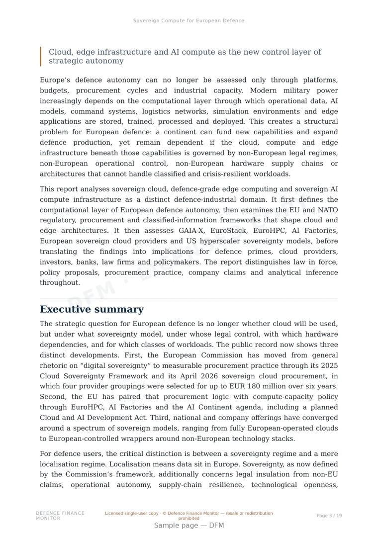 Sample page from “Sovereign Compute for European Defence” — 20-page report