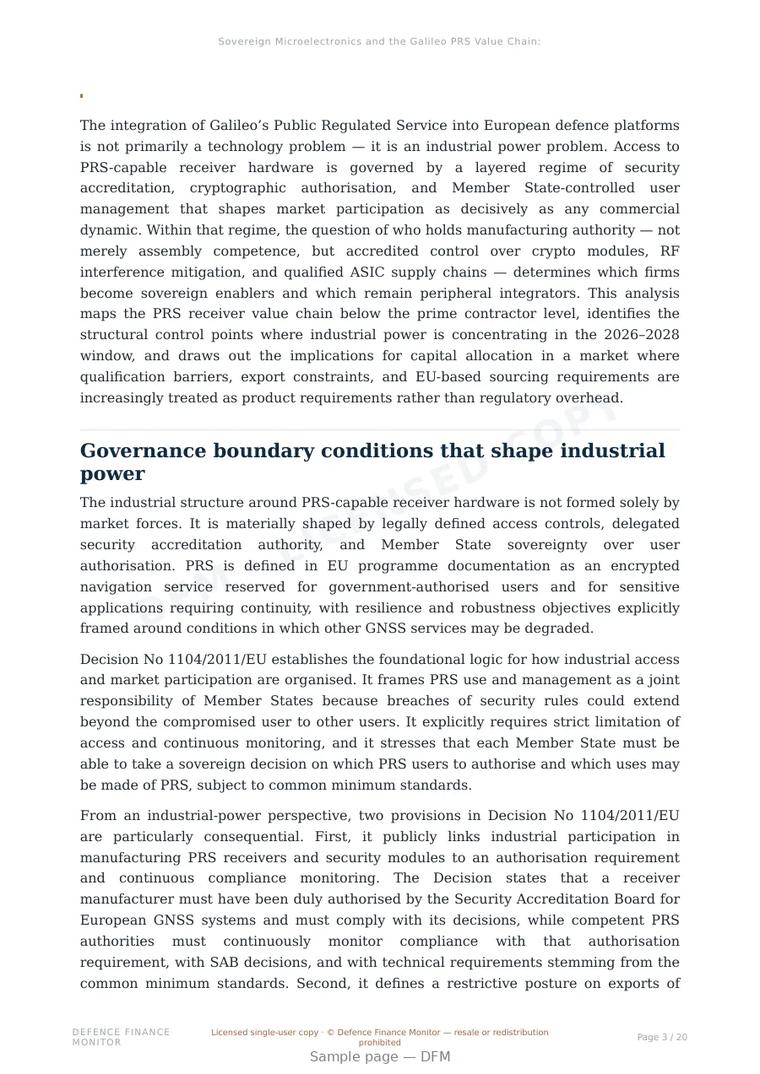 Sample page from “Sovereign Microelectronics and the Galileo PRS Value Chain: Who Controls the Critical Nodes” — 21-page report