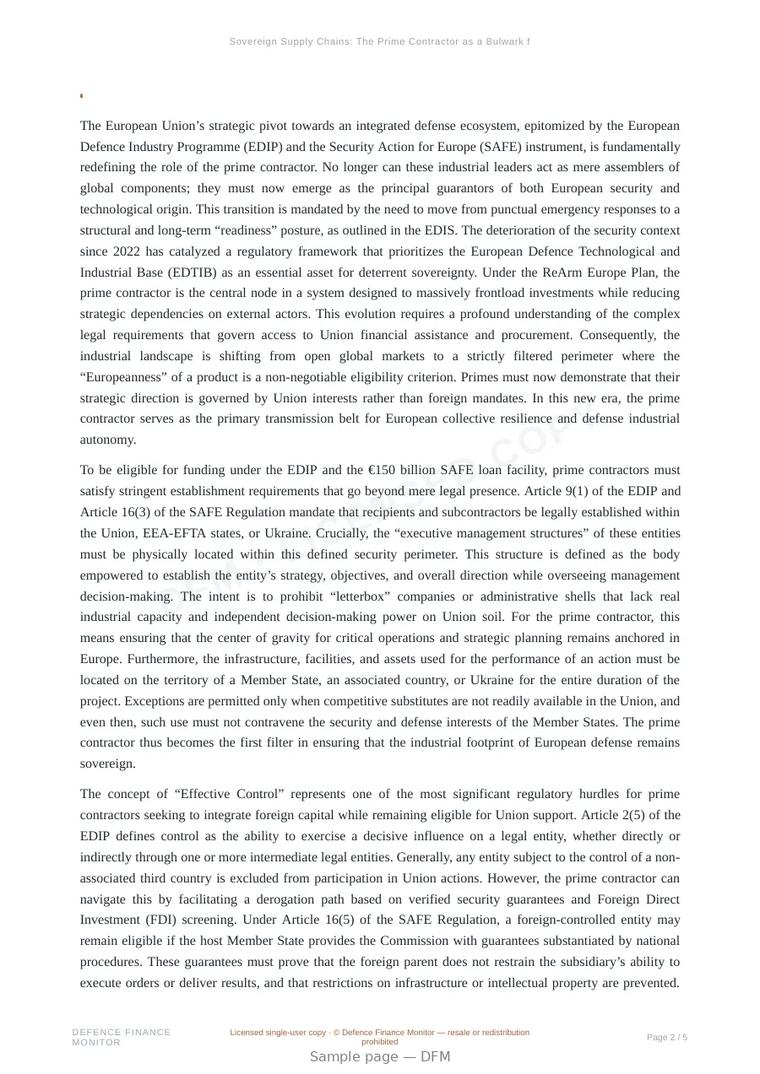 Sample page from “Sovereign Supply Chains: The Prime Contractor as a Bulwark for European Readiness” — 6-page report