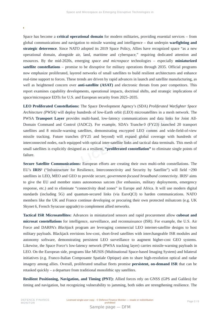 Sample page from “Space and Microspace as Emerging Disruptive Technologies in Defense” — 7-page report