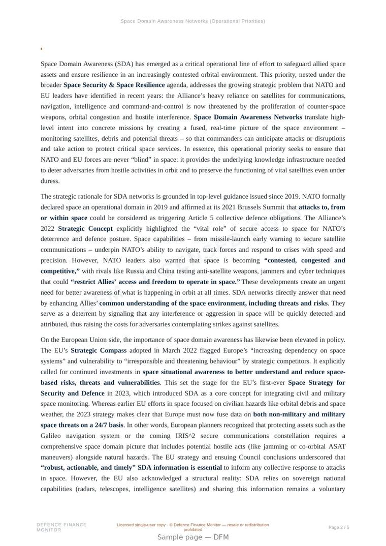 Sample page from “Space Domain Awareness Networks (Operational Priorities)” — 6-page report