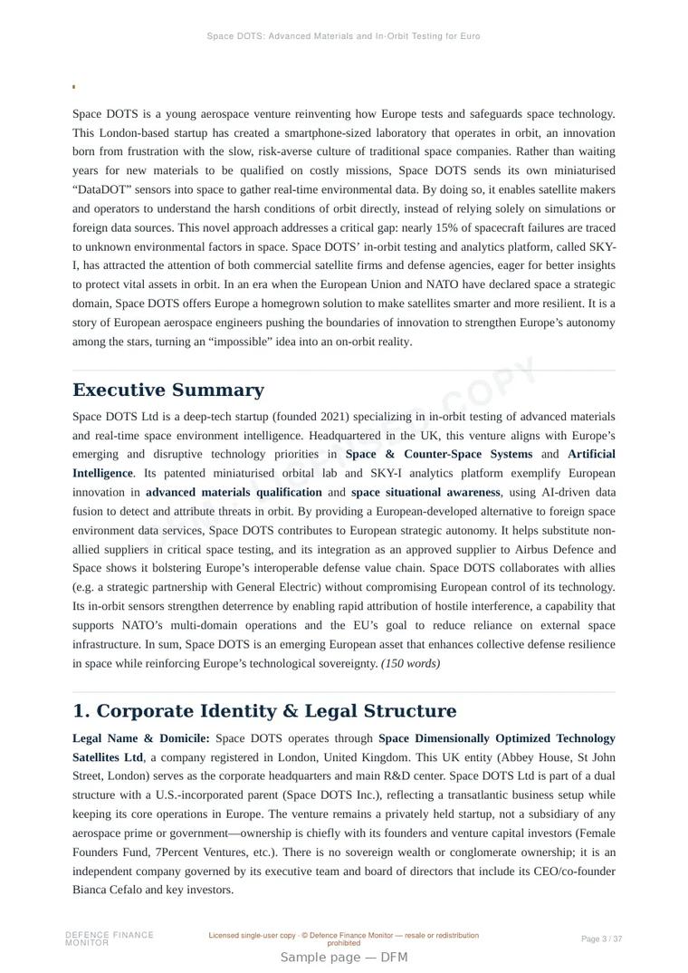 Sample page from “Space DOTS: Advanced Materials and In-Orbit Testing for European Space Sovereignty” — 38-page report
