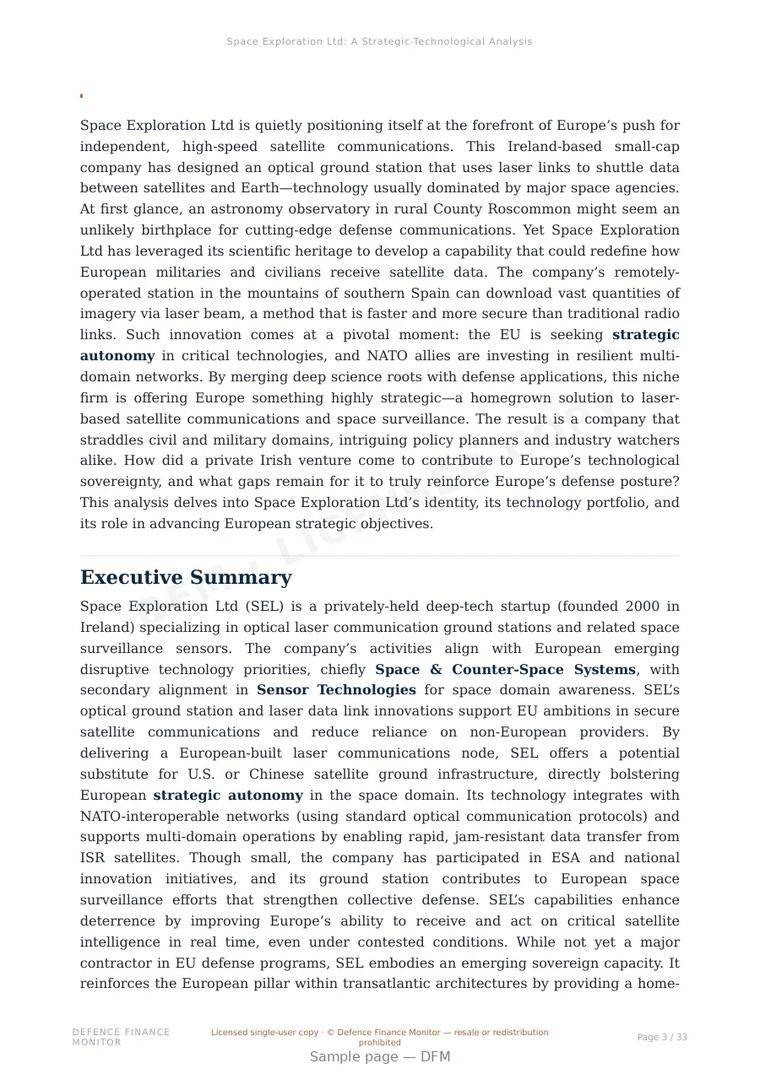 Sample page from “Space Exploration Ltd — Ireland ground segment company” — 34-page report