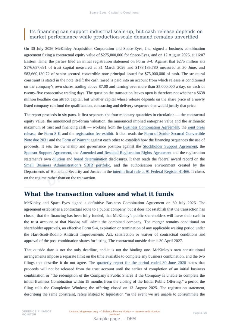 Sample page from “Space-Eyes’ Capital Is Conditional” — 27-page report