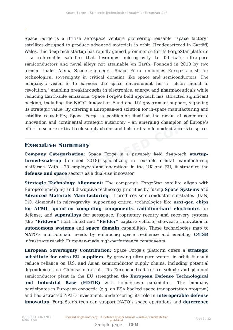 Sample page from “Space Forge — United Kingdom satellite platforms company” — 33-page report