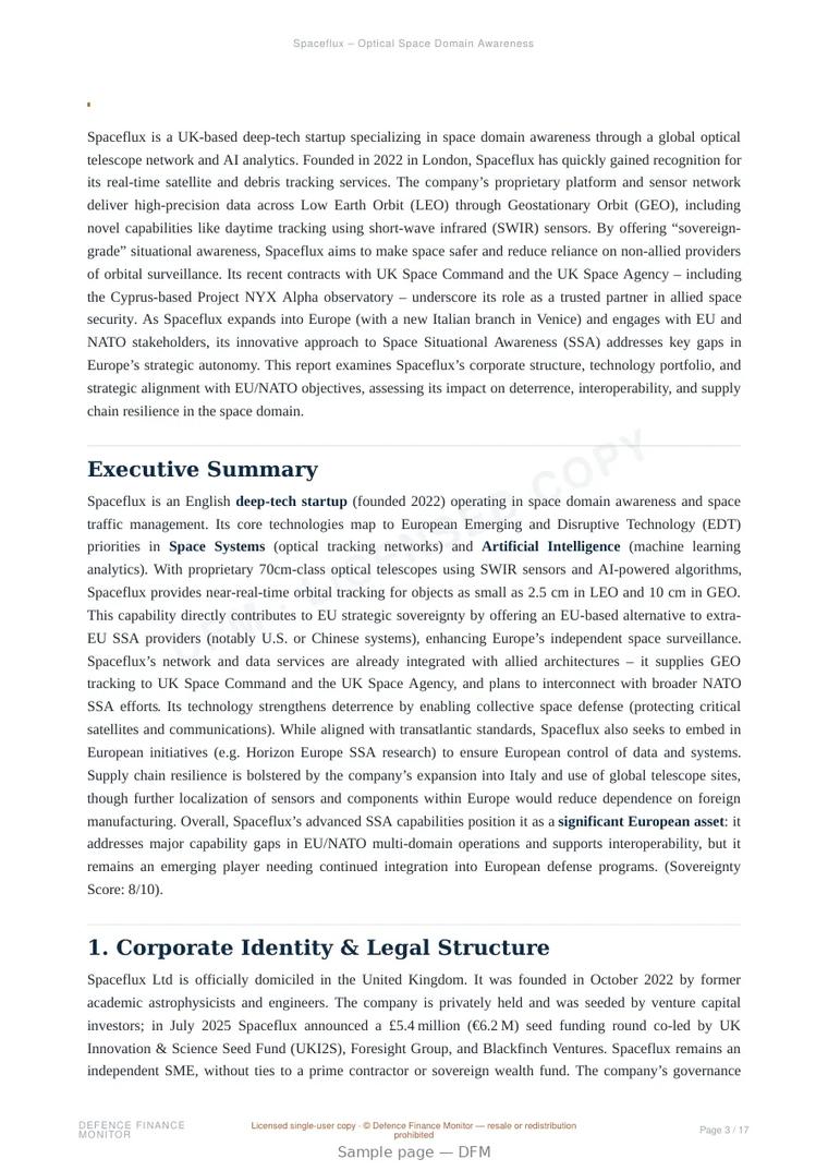 Sample page from “Spaceflux – Optical Space Domain Awareness” — 18-page report