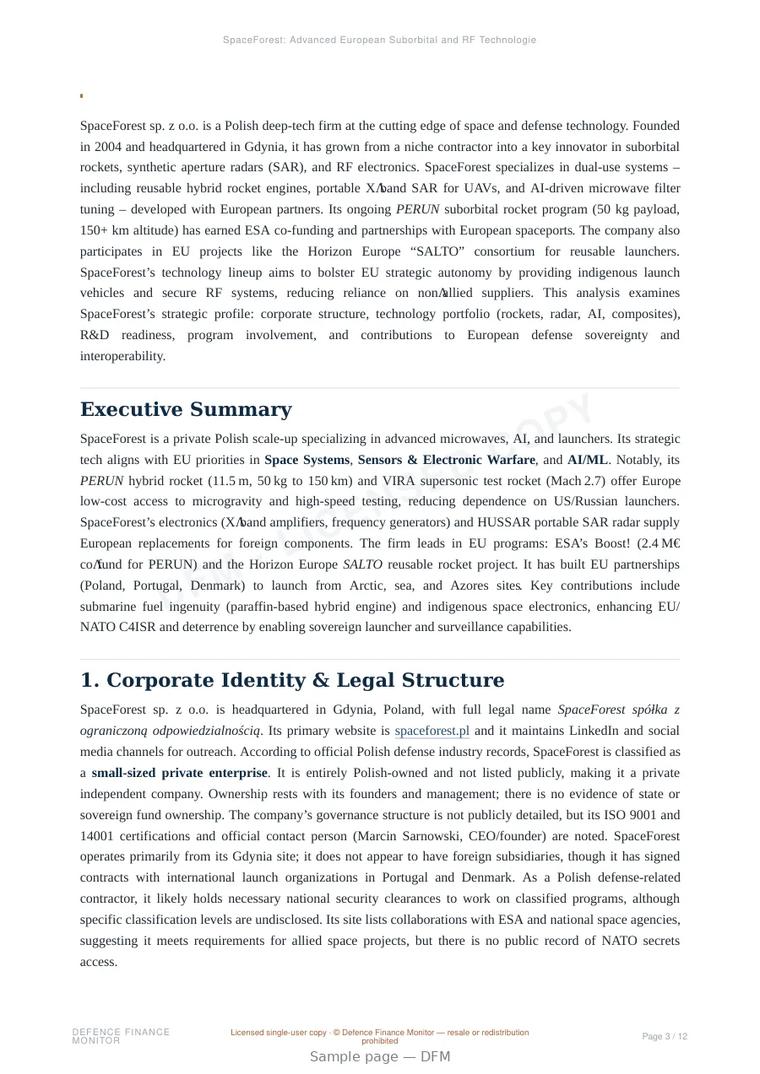 Sample page from “SpaceForest: Advanced European Suborbital and RF Technologies” — 13-page report