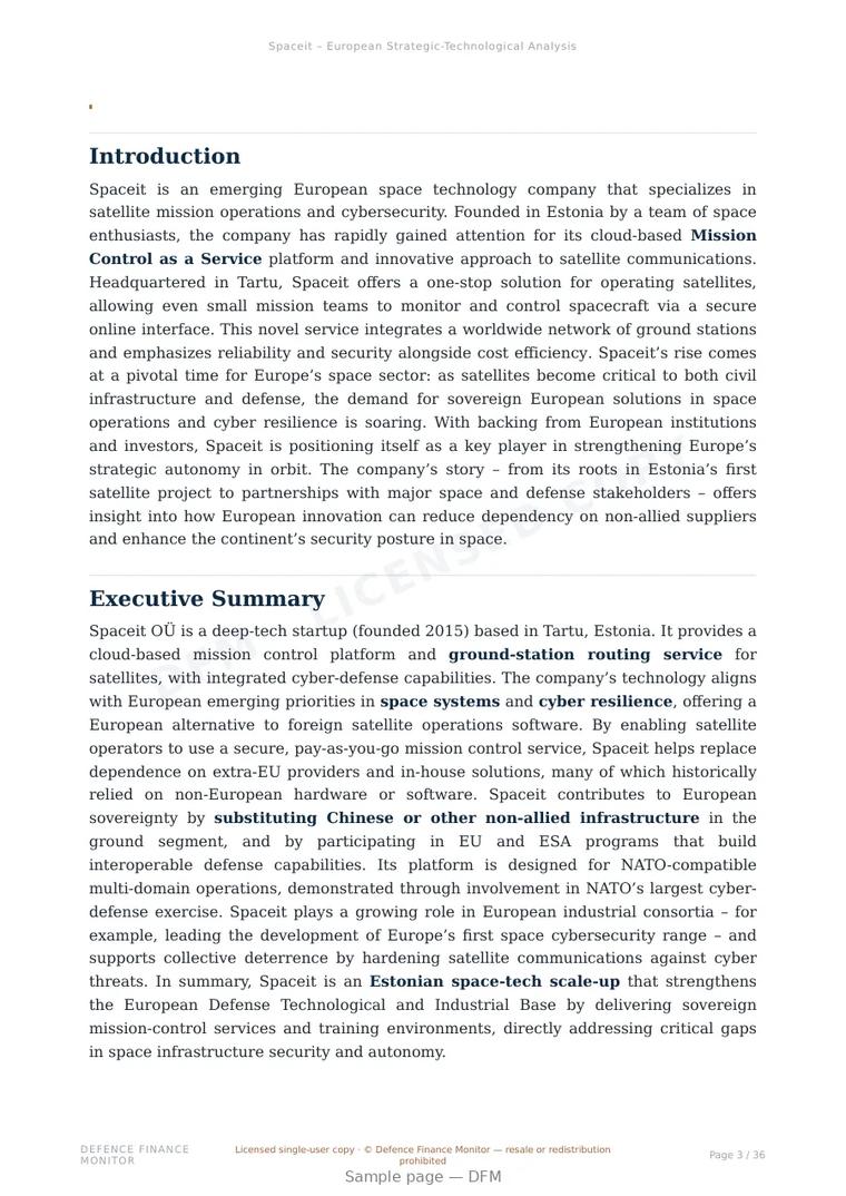 Sample page from “Spaceit — Estonia ground segment company” — 37-page report