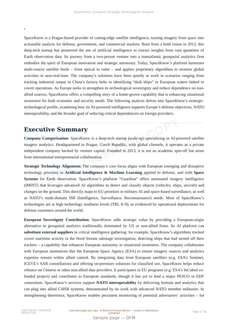 Sample page from “SpaceKnow — Czech Republic ai for isr company” — 39-page report