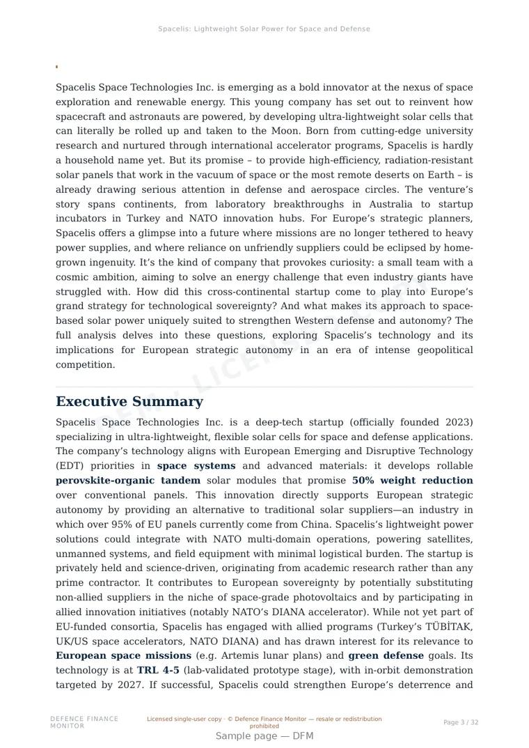 Sample page from “Spacelis: Lightweight Solar Power for Space and Defense” — 33-page report