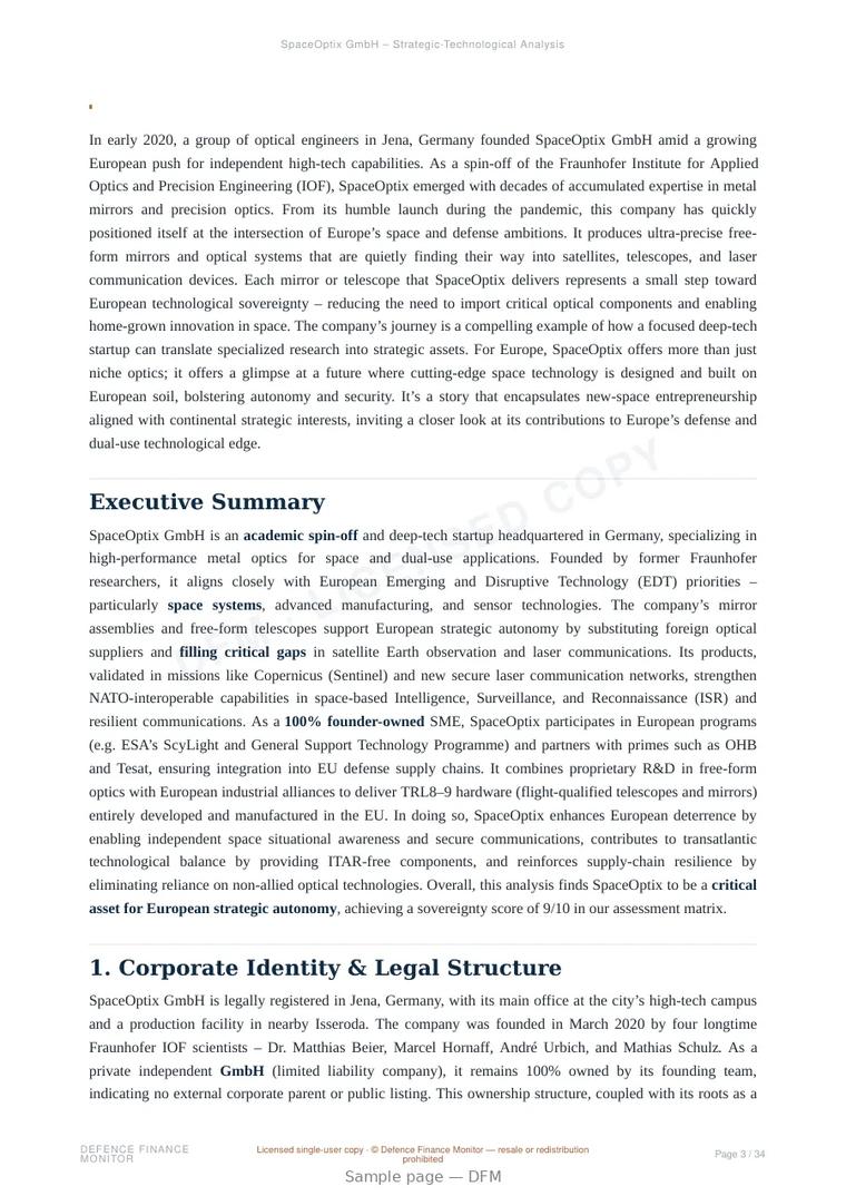 Sample page from “SpaceOptix GmbH — Germany electro-optical company” — 35-page report