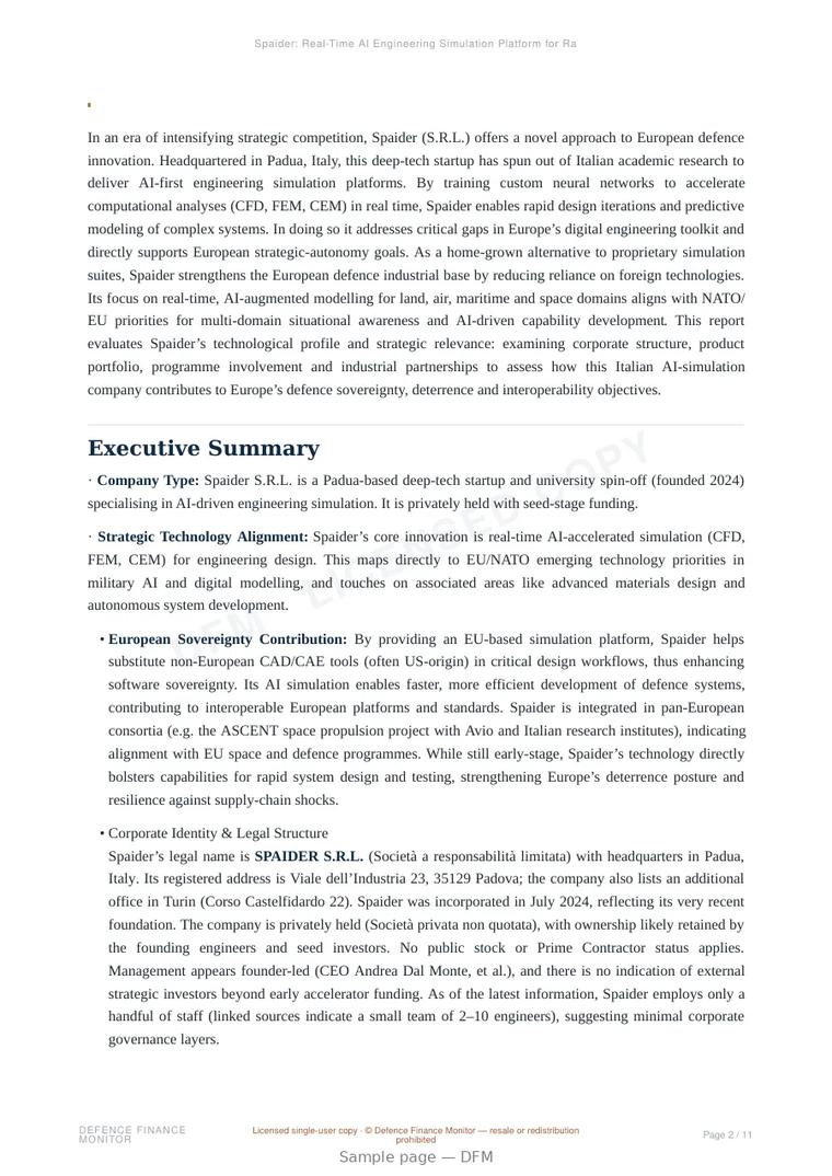 Sample page from “Spaider: Real-Time AI Engineering Simulation Platform for Rapid Predictive Modelling” — 12-page report