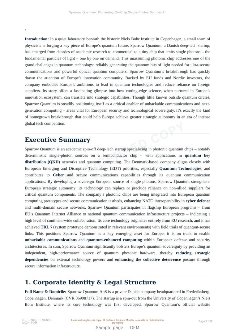 Sample page from “Sparrow Quantum: Pioneering On-Chip Single-Photon Sources for Europe’s Quantum Future” — 33-page report