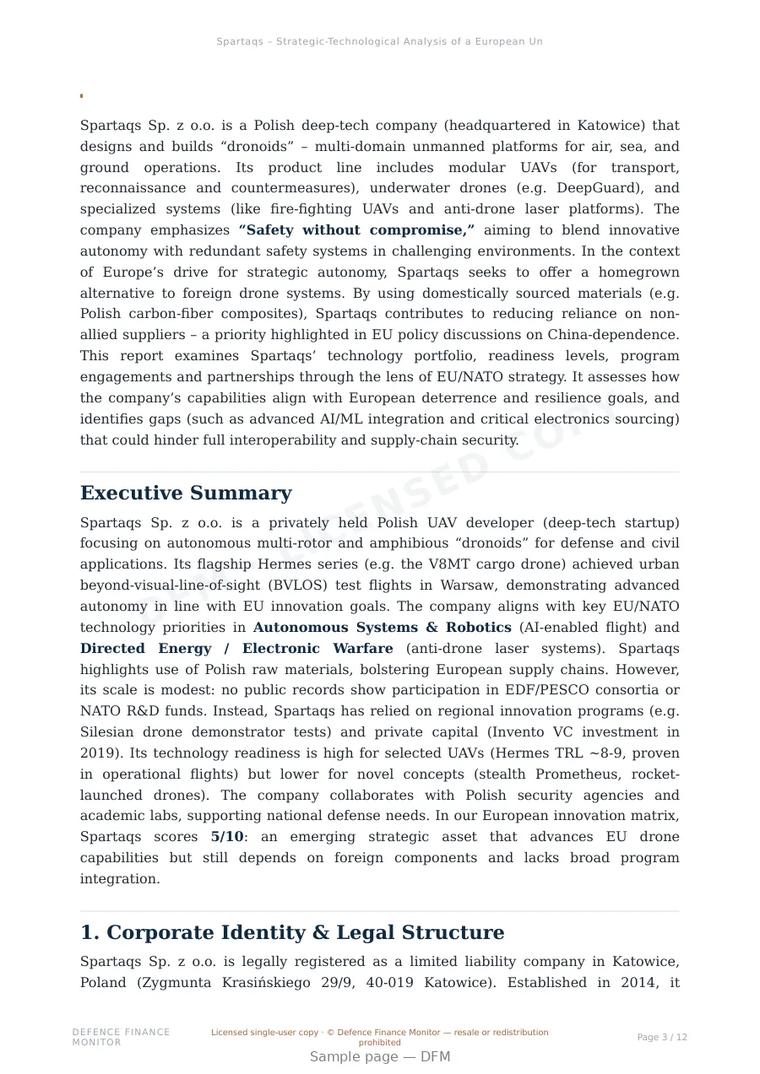 Sample page from “Spartaqs Sp. z o.o. — Poland unmanned aerial systems company” — 13-page report