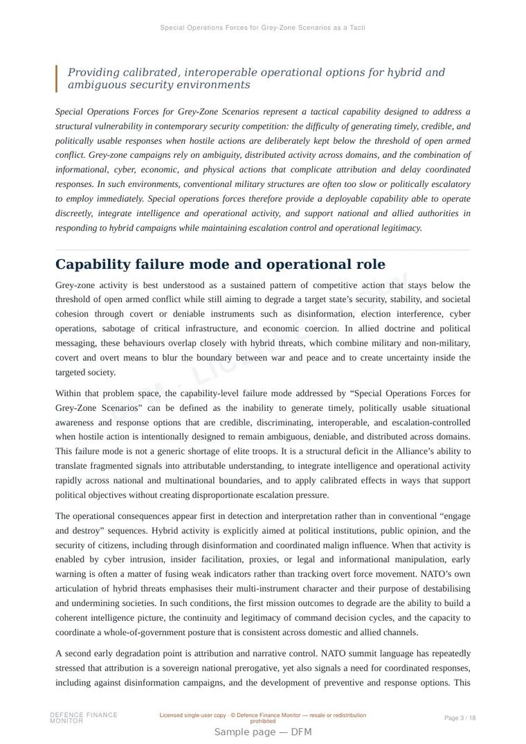 Sample page from “Special Operations Forces for Grey-Zone Scenarios as a Tactical Capability” — 19-page report