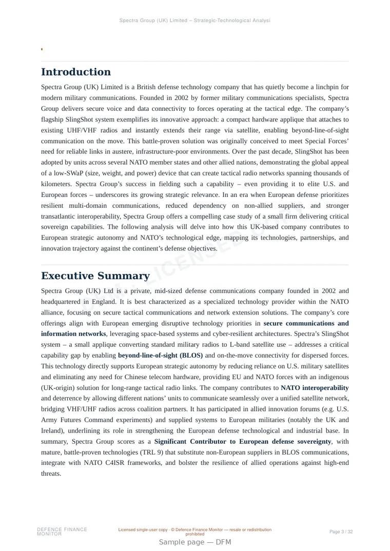 Sample page from “Spectra Group (UK) Limited — United Kingdom secure communications company” — 33-page report