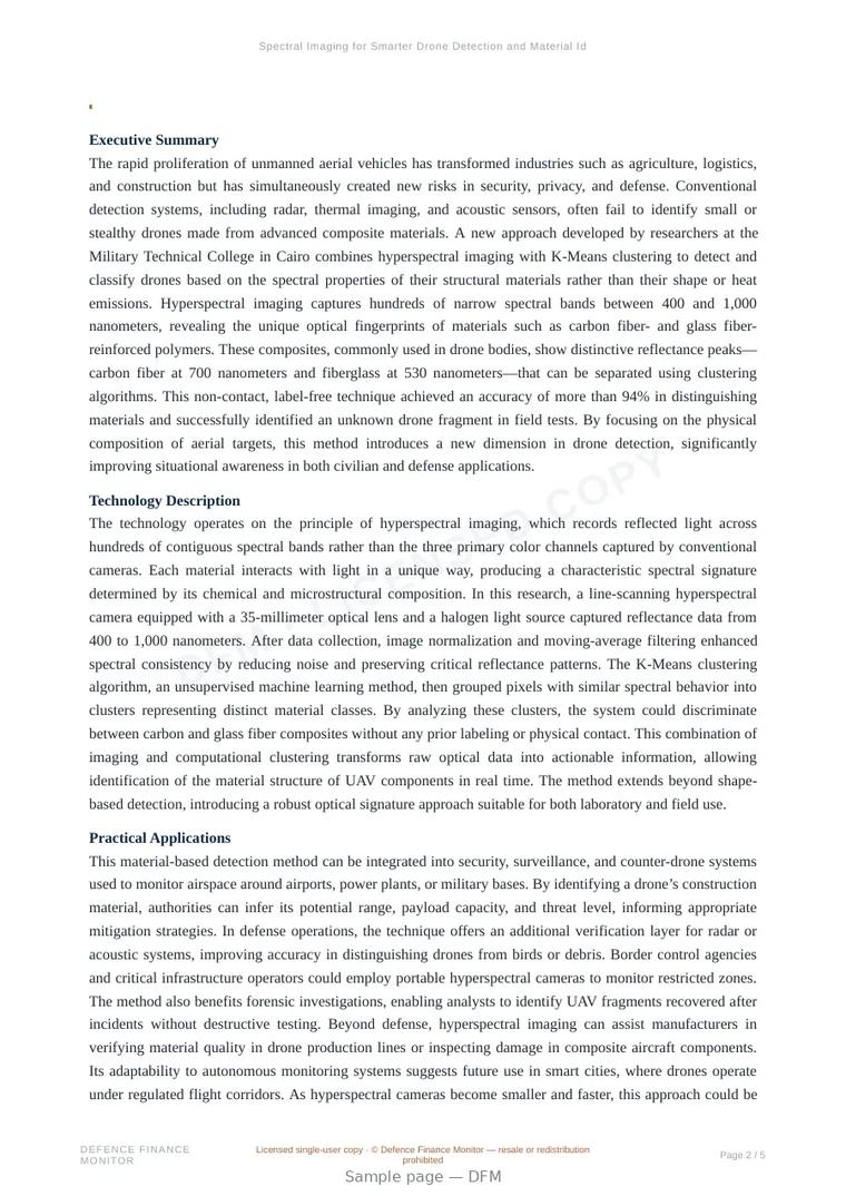 Sample page from “Spectral Imaging for Smarter Drone Detection and Material Identification” — 6-page report