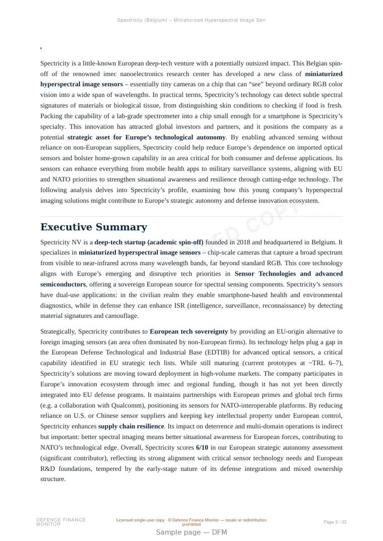 Sample page from “Spectricity (Belgium) – Miniaturized Hyperspectral Image Sensors for Strategic Autonomy” — 34-page report