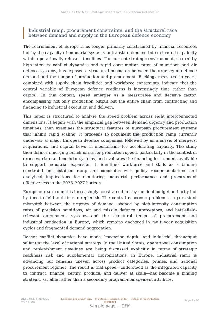 Sample page from “Speed as the New Strategic Imperative in European Defence Production” — 21-page report