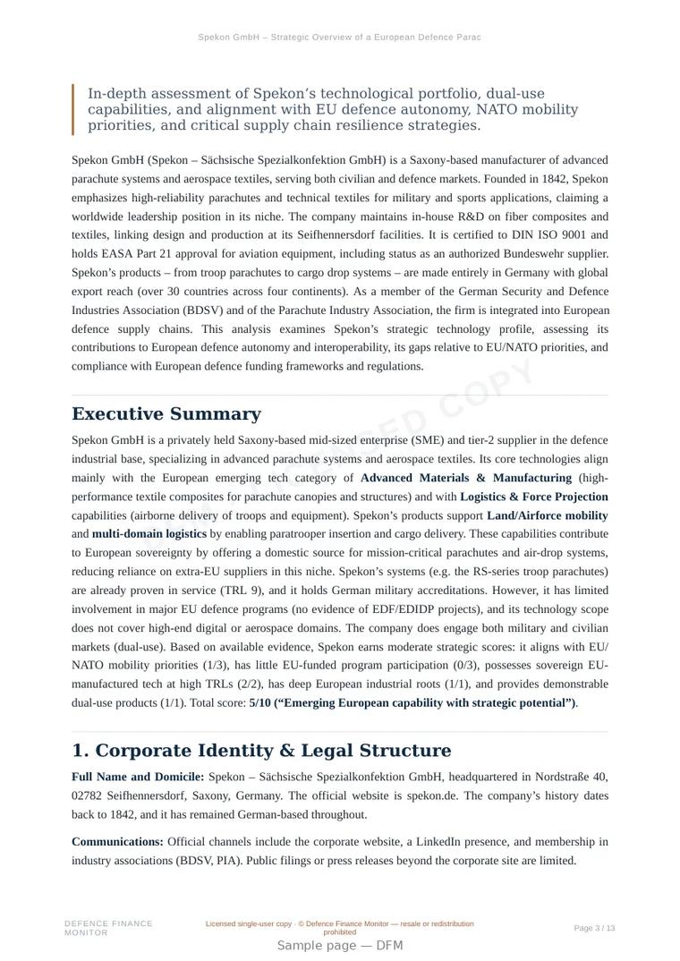 Sample page from “Spekon GmbH – Strategic Overview of a European Defence Parachute Manufacturer” — 14-page report