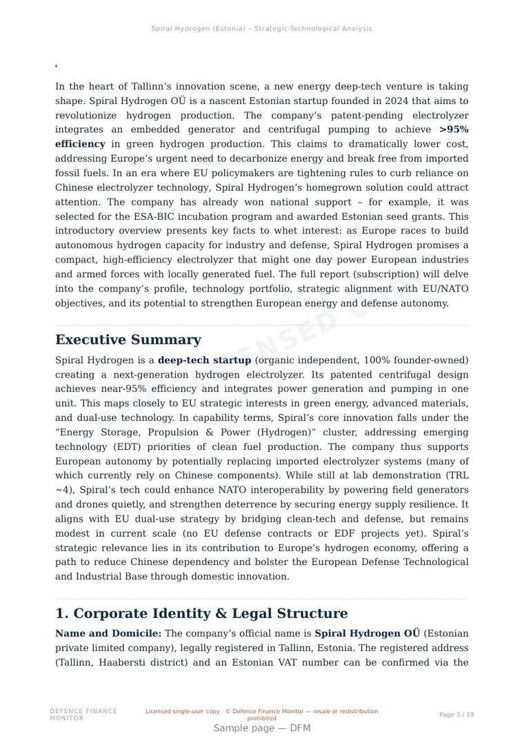 Sample page from “Spiral Hydrogen OU — Estonia hydrogen systems company” — 20-page report