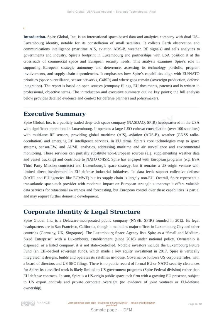 Sample page from “Spire Global, Inc. — United States space-based isr company” — 13-page report