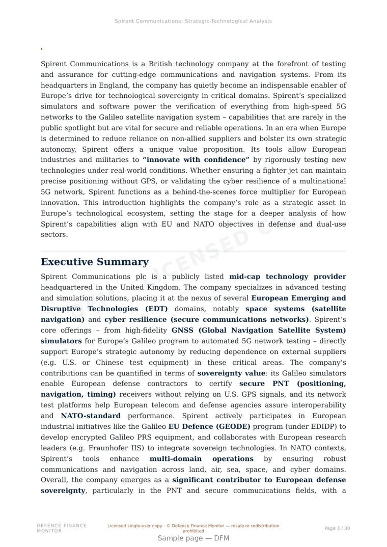 Sample page from “Spirent Communications — United Kingdom simulation company” — 31-page report