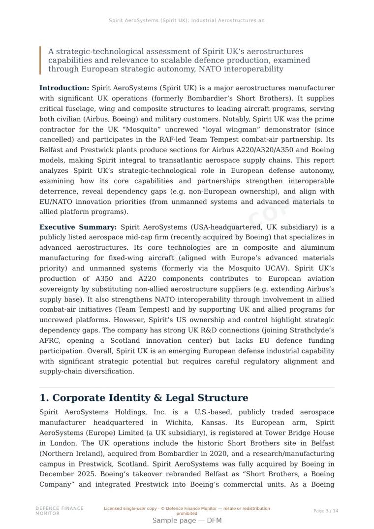 Sample page from “Spirit AeroSystems (Spirit UK): Industrial Aerostructures and the Limits of European Production Sovereignty” — 15-page report