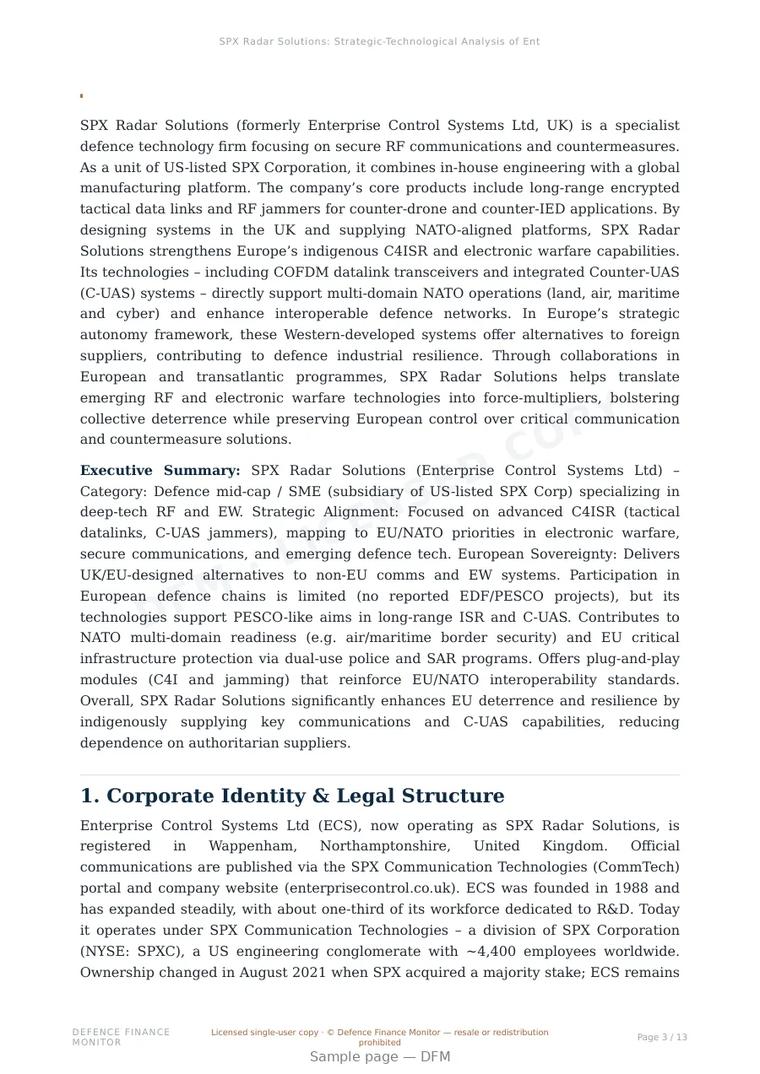 Sample page from “SPX Radar Solutions — United Kingdom defence company” — 14-page report