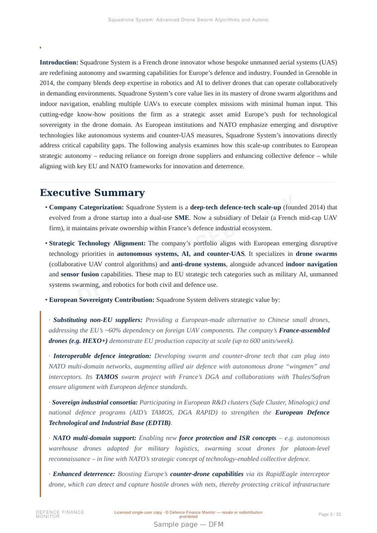 Sample page from “Squadrone System: Advanced Drone Swarm Algorithms and Autonomous Aerial Technologies for Defence and Dual-Use Applications in Europe” — 34-page report