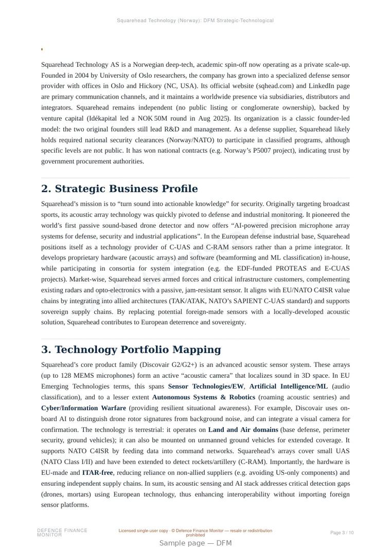 Sample page from “Squarehead Technology AS — Norway advanced sensors company” — 11-page report