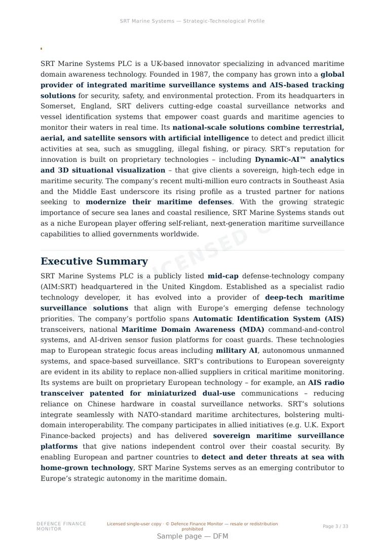 Sample page from “SRT Marine Systems — Strategic-Technological Profile” — 34-page report