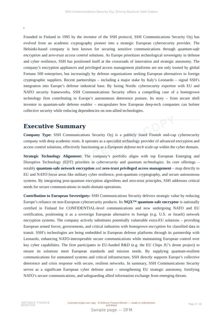 Sample page from “SSH Communications Security Oyj: Driving Quantum-Safe Cybersecurity for Europe’s Defense” — 34-page report